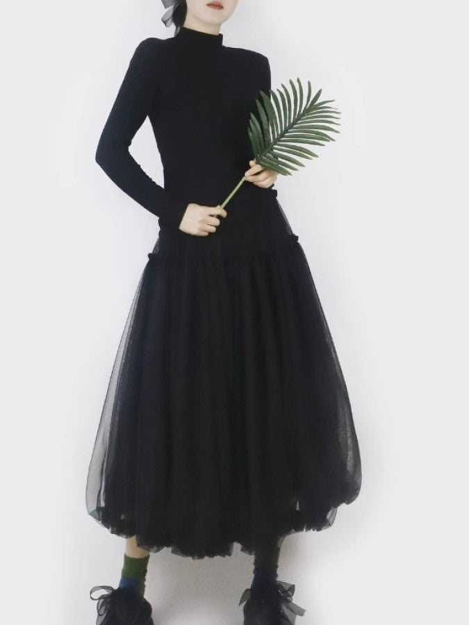 Mesh Layered Ruffle Stitch Balloon Skirt X2288