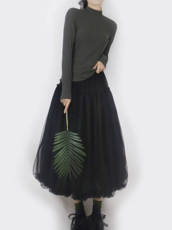 Mesh Layered Ruffle Stitch Balloon Skirt X2288