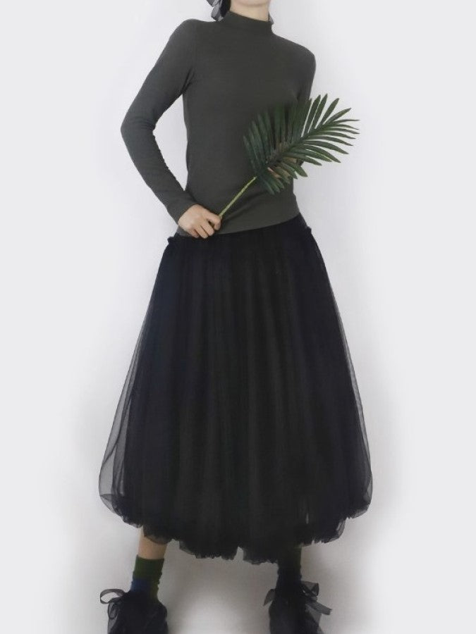 Mesh Layered Ruffle Stitch Balloon Skirt X2288