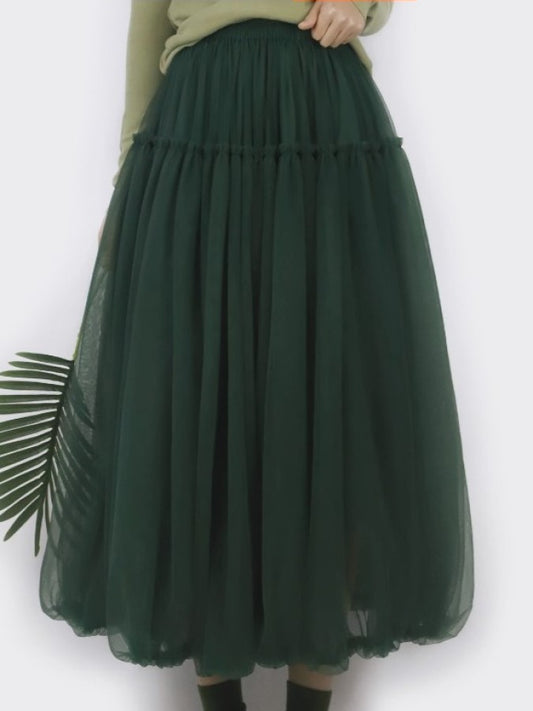 Mesh Layered Ruffle Stitch Balloon Skirt X2288