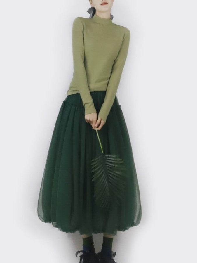 Mesh Layered Ruffle Stitch Balloon Skirt X2288