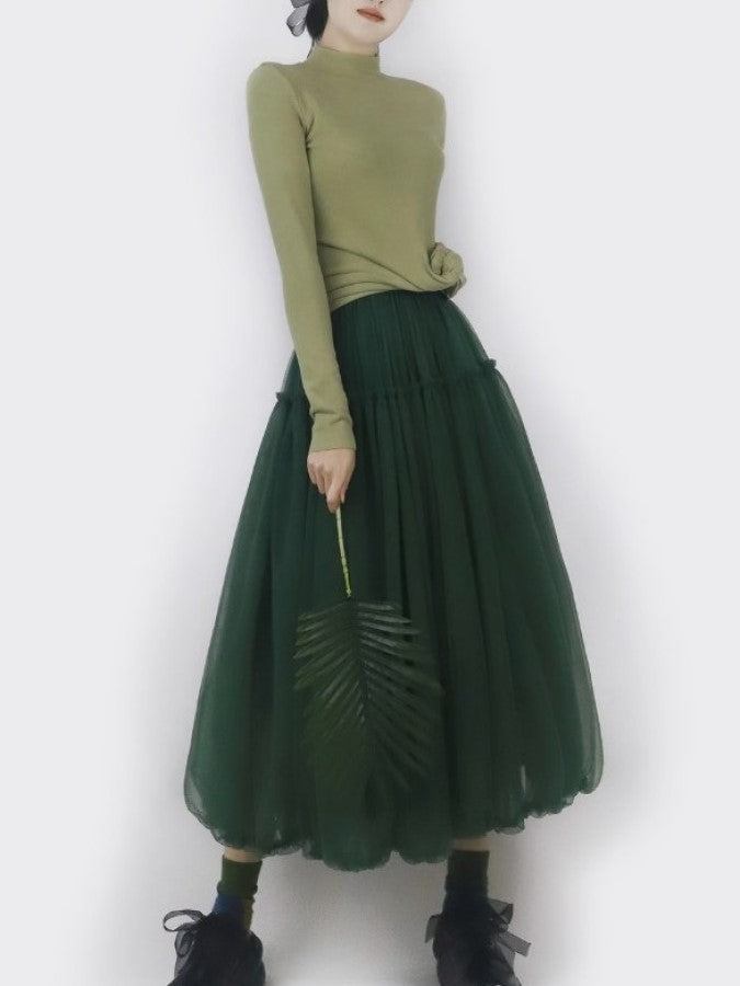 Mesh Layered Ruffle Stitch Balloon Skirt X2288