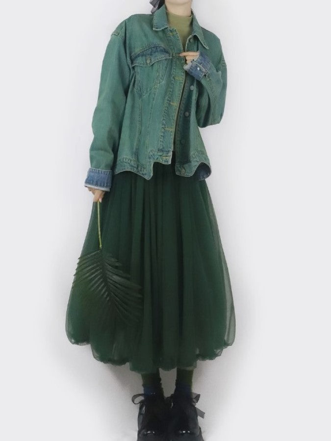Mesh Layered Ruffle Stitch Balloon Skirt X2288