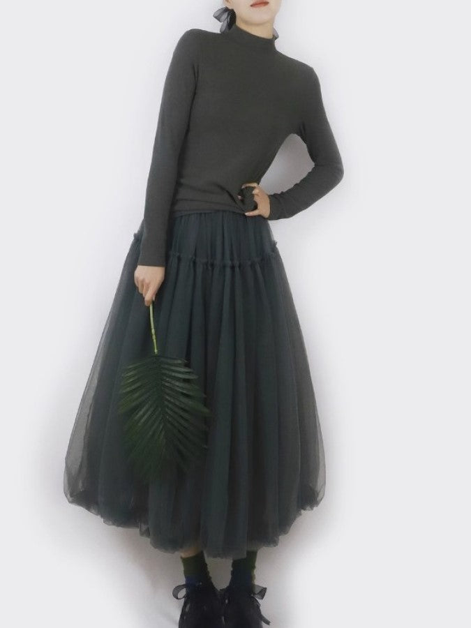 Mesh Layered Ruffle Stitch Balloon Skirt X2288