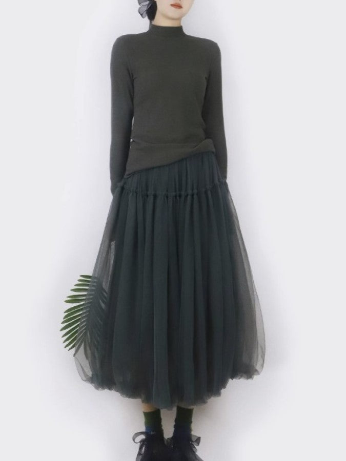 Mesh Layered Ruffle Stitch Balloon Skirt X2288