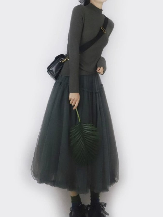 Mesh Layered Ruffle Stitch Balloon Skirt X2288