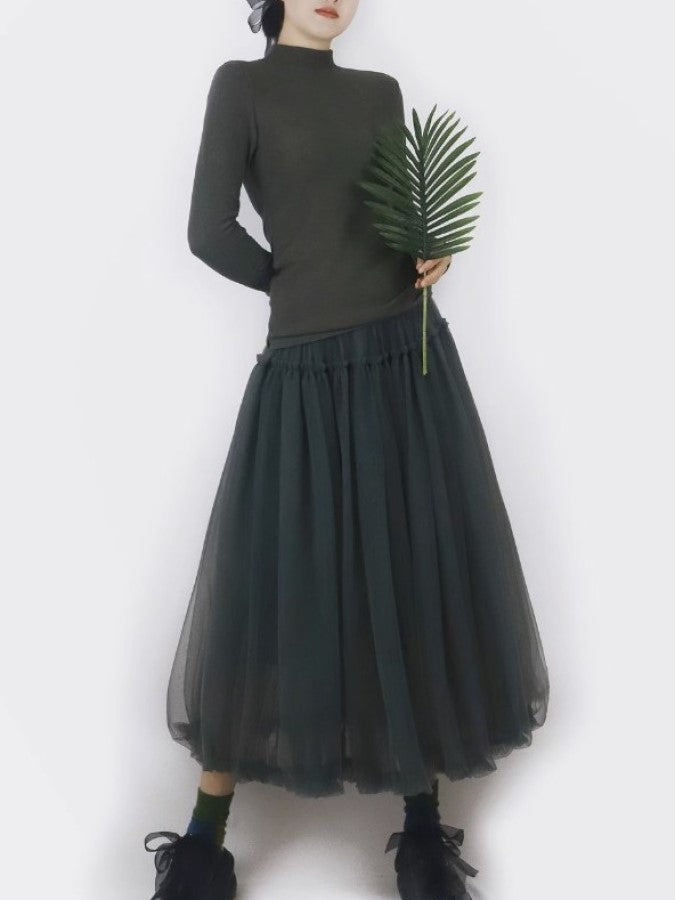 Mesh Layered Ruffle Stitch Balloon Skirt X2288