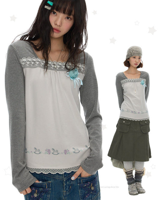 Striped Lace Patchwork Long Sleeve Top X3698