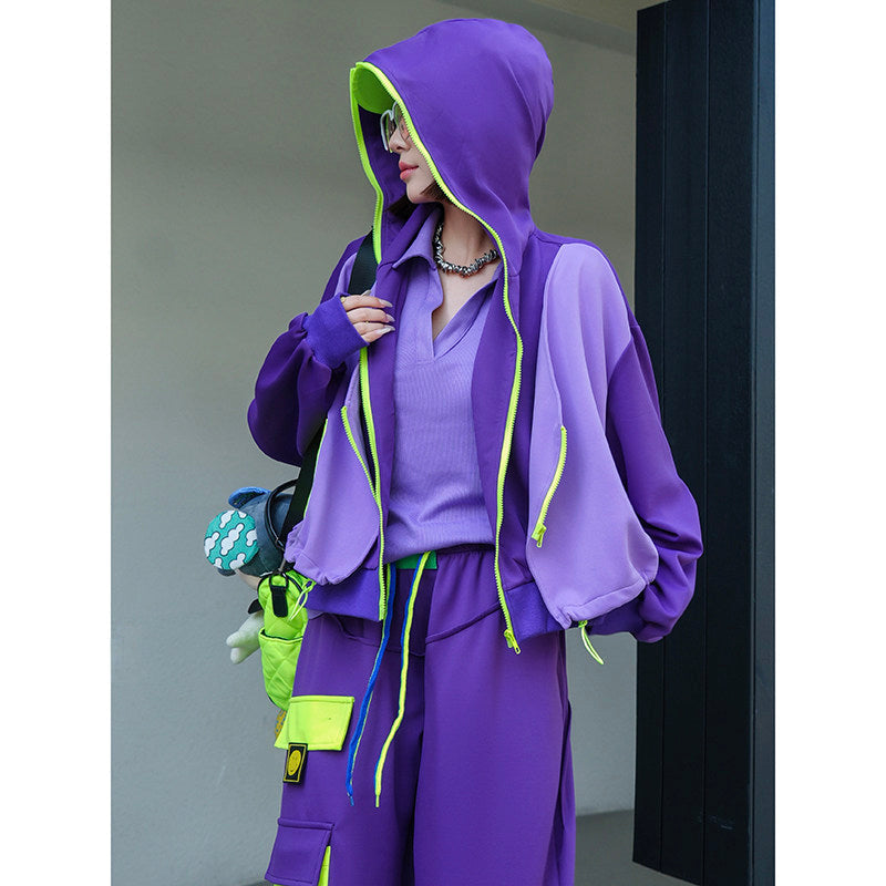 Colorblock Neon Trim Oversized Hooded Zip-Up Jacket X3659