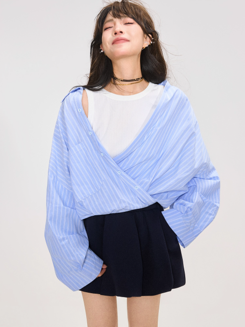 Korean Style Layered Stripe Long Sleeve Shirt X3369