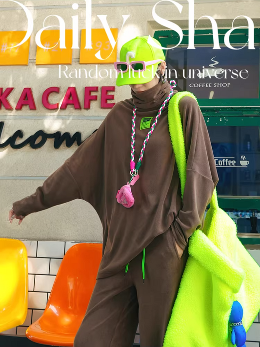 Color Batwing High-Neck Fleece Top X3511