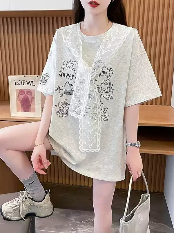 Lace Scarf Cotton Tshirt X3243