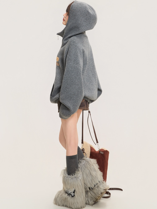 Heavyweight Grey Zip-Up Knit Hoodie Cardigan X3368