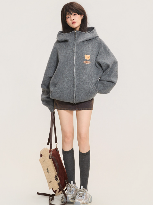 Heavyweight Grey Zip-Up Knit Hoodie Cardigan X3368