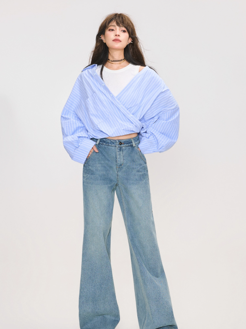 Korean Style Layered Stripe Long Sleeve Shirt X3369