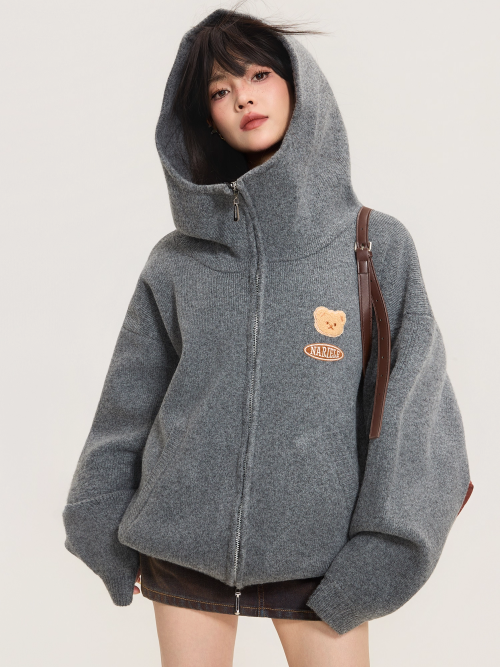 Heavyweight Grey Zip-Up Knit Hoodie Cardigan X3368