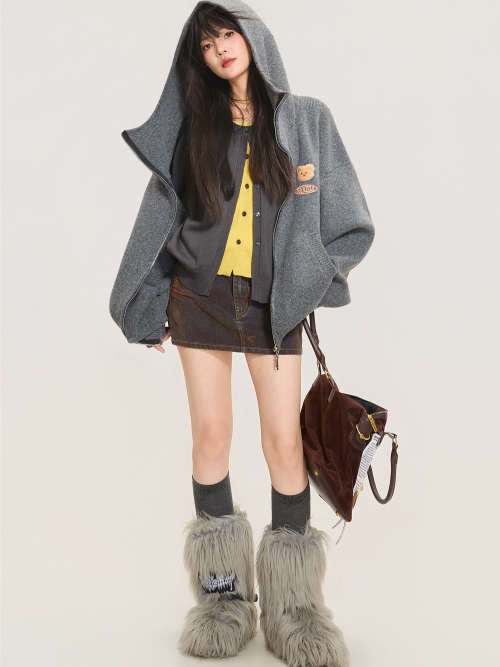 Heavyweight Grey Zip-Up Knit Hoodie Cardigan X3368