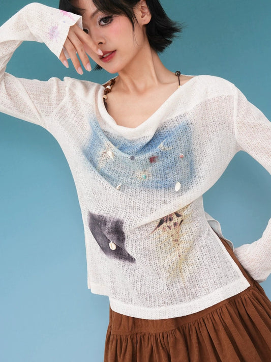 Shell × Moon Print Cool-Touch Knit UV Cover-Up Long Sleeve Top X3577