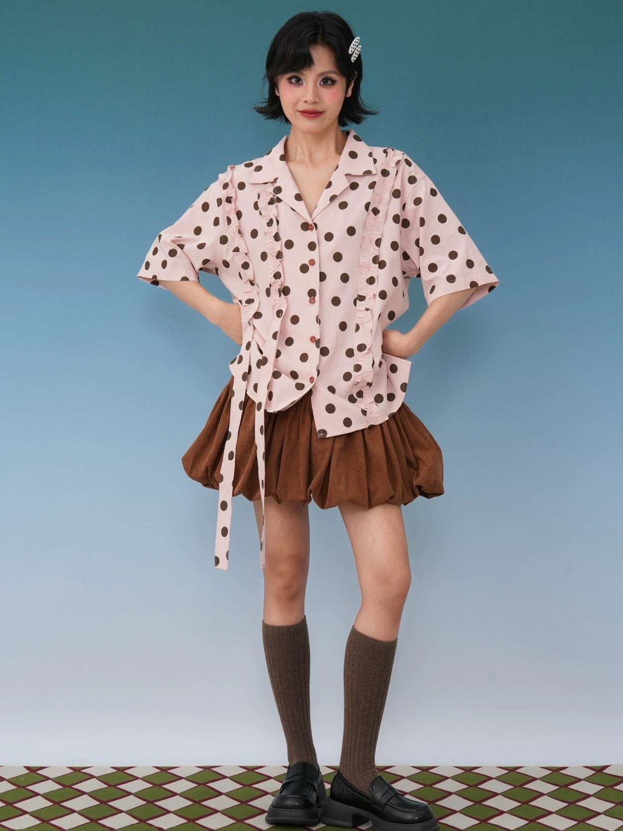 Pink & Brown Polka Dot Frill Ribbon Vintage Short Sleeve Shirt X3578