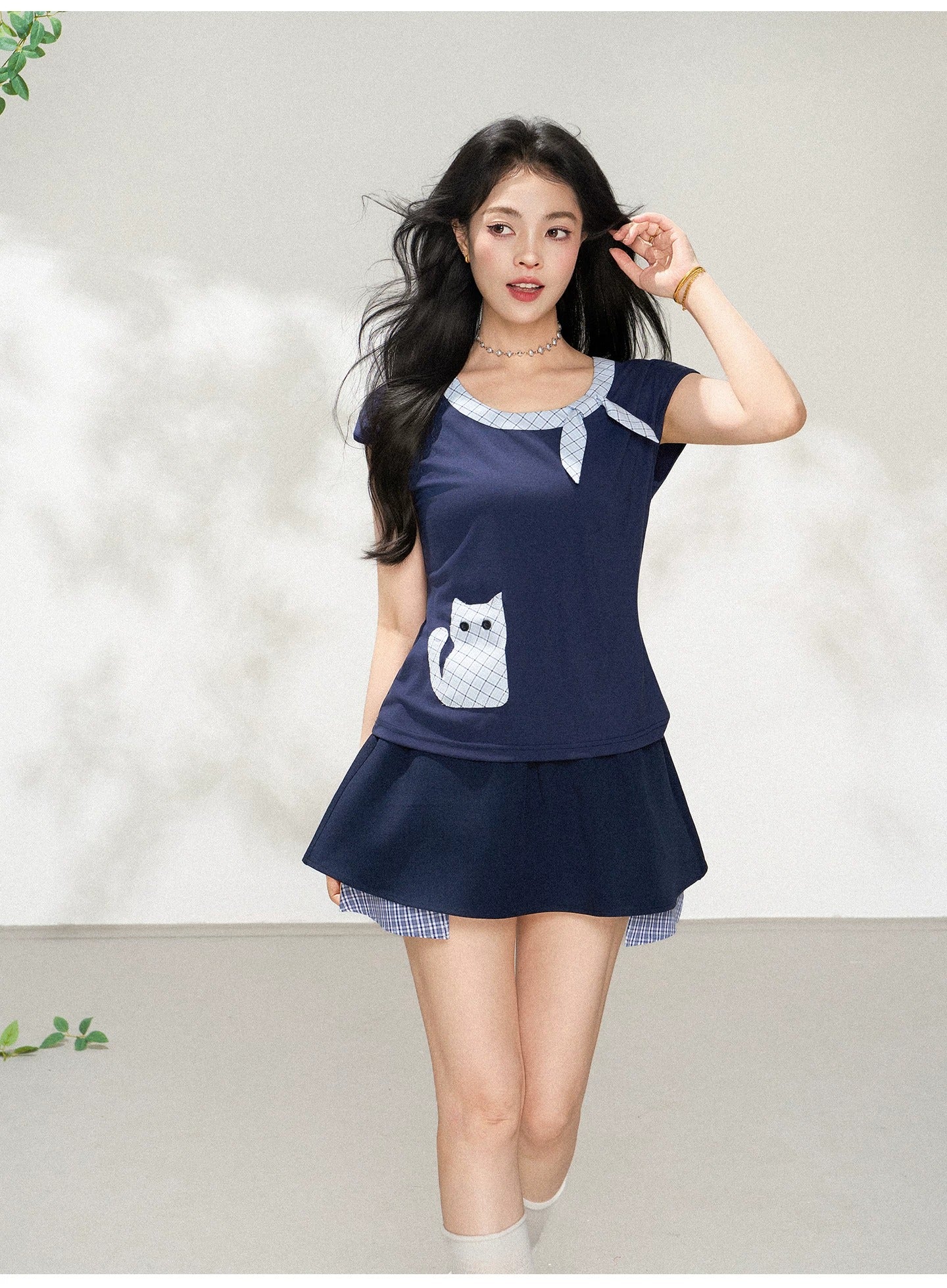 Cat Pocket Square Neck Short Sleeve T-Shirt X3604