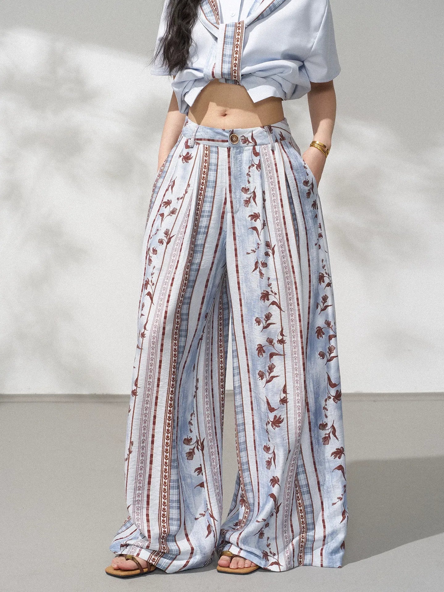 Art Floral Stripe Wide Leg Pants X3567