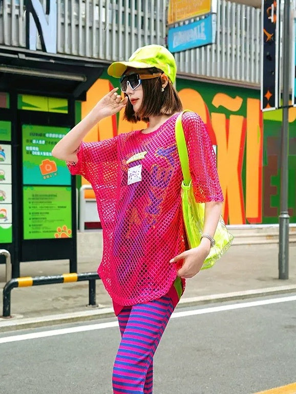 Neon Color Fishnet Mesh Patch Short Sleeve T-Shirt X3601