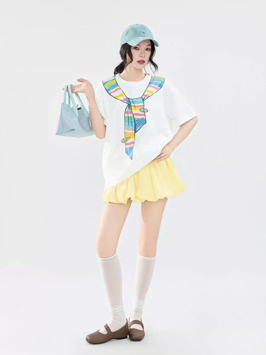 Rainbow Scarf Print Crew Neck Short Sleeve T-Shirt X3581