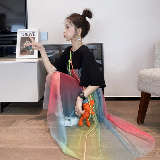 Rainbow Tulle Mesh Short Sleeve T-Shirt Dress X3633