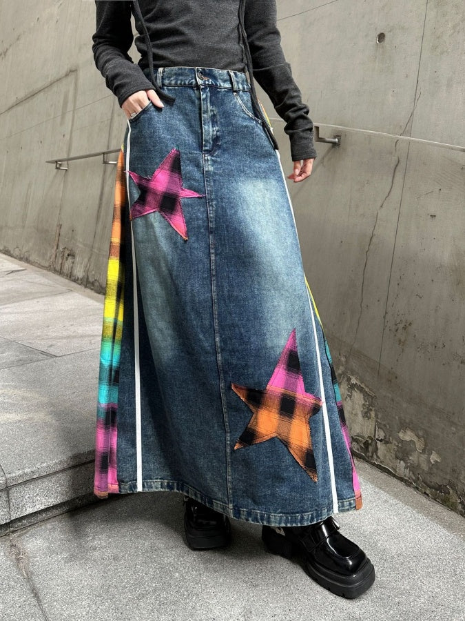 Colorful Check Docking Denim Skirt X2994