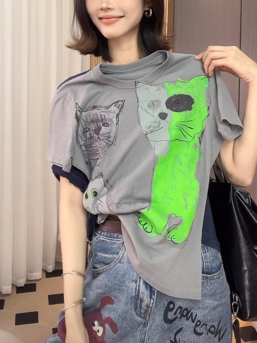 Art-style Cat Print Short Sleeve T-Shirt X3218