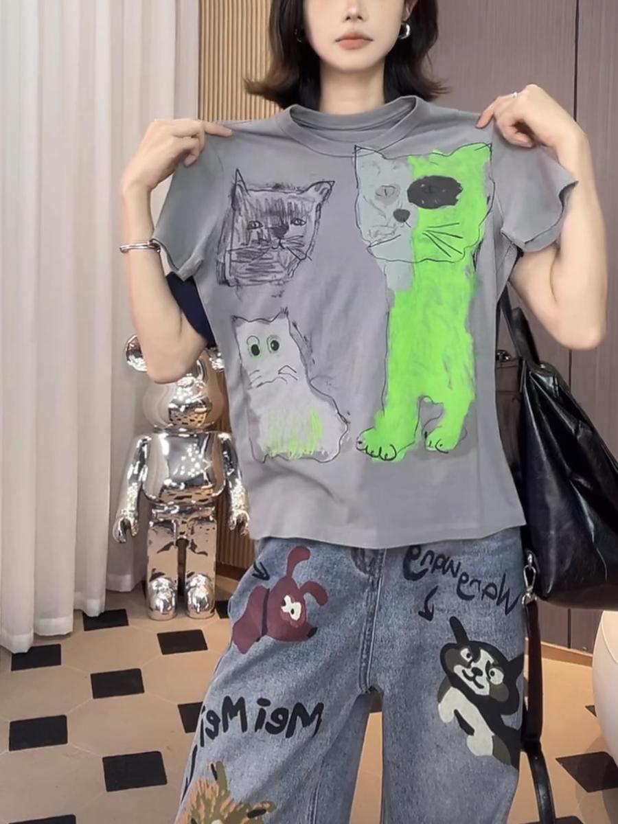 Art-style Cat Print Short Sleeve T-Shirt X3218