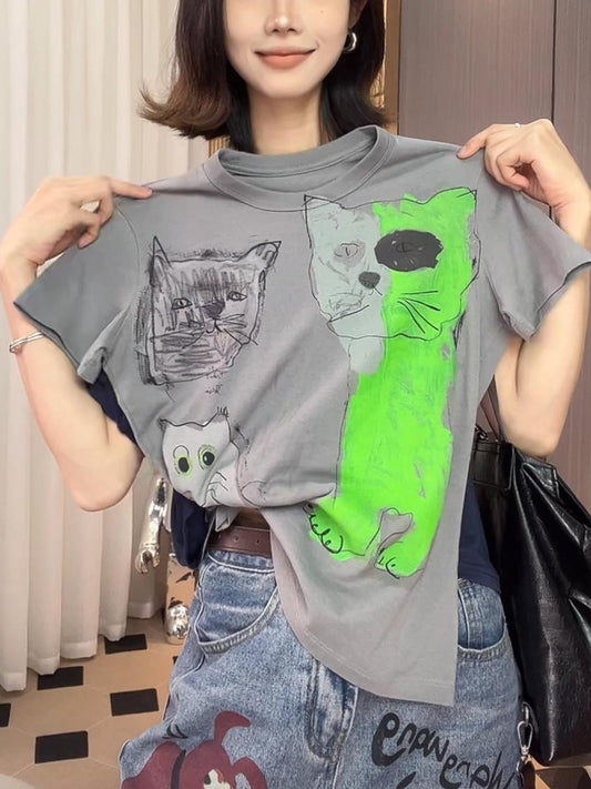 Art-style Cat Print Short Sleeve T-Shirt X3218
