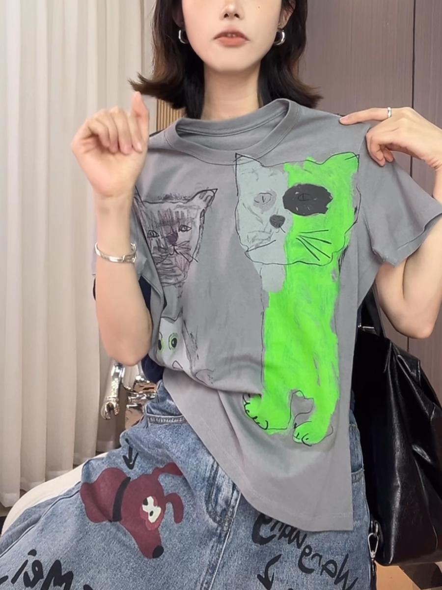 Art-style Cat Print Short Sleeve T-Shirt X3218