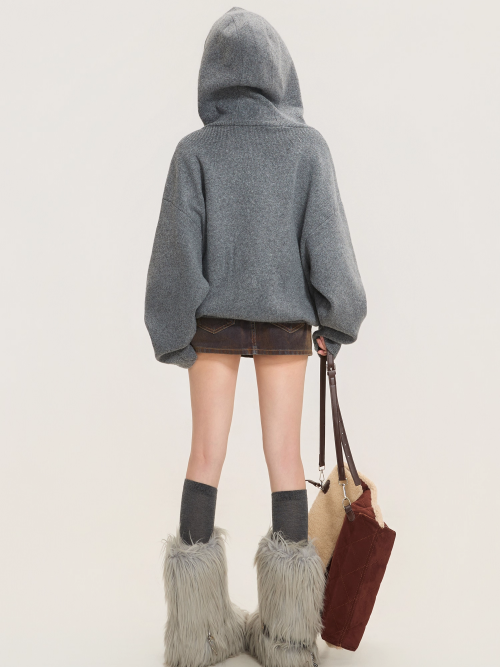 Heavyweight Grey Zip-Up Knit Hoodie Cardigan X3368