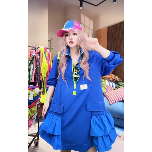 Dopamine Color Block Ruffle Hem Oversized Half-Zip Sweatshirt X3657
