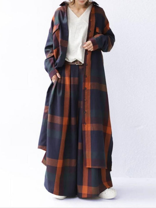Checked Long Shirt/Wide Leg Pants X1705