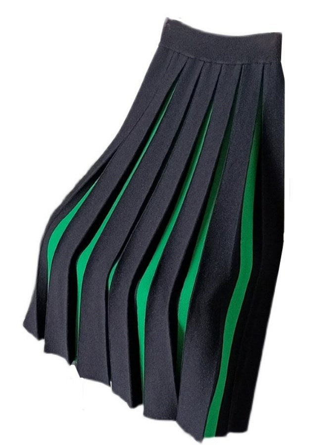 Two tone color pleated A-line skirt X1721