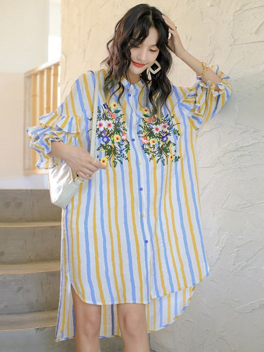 Multicolor striped shirt one-piece X2099
