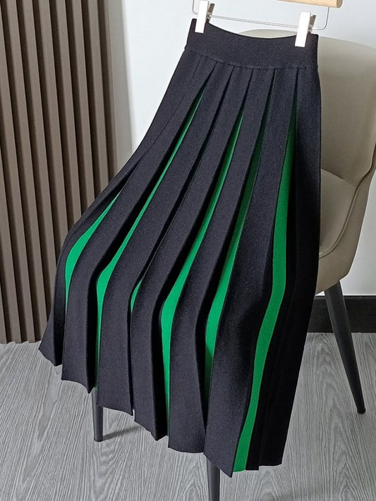 Two tone color pleated A-line skirt X1721
