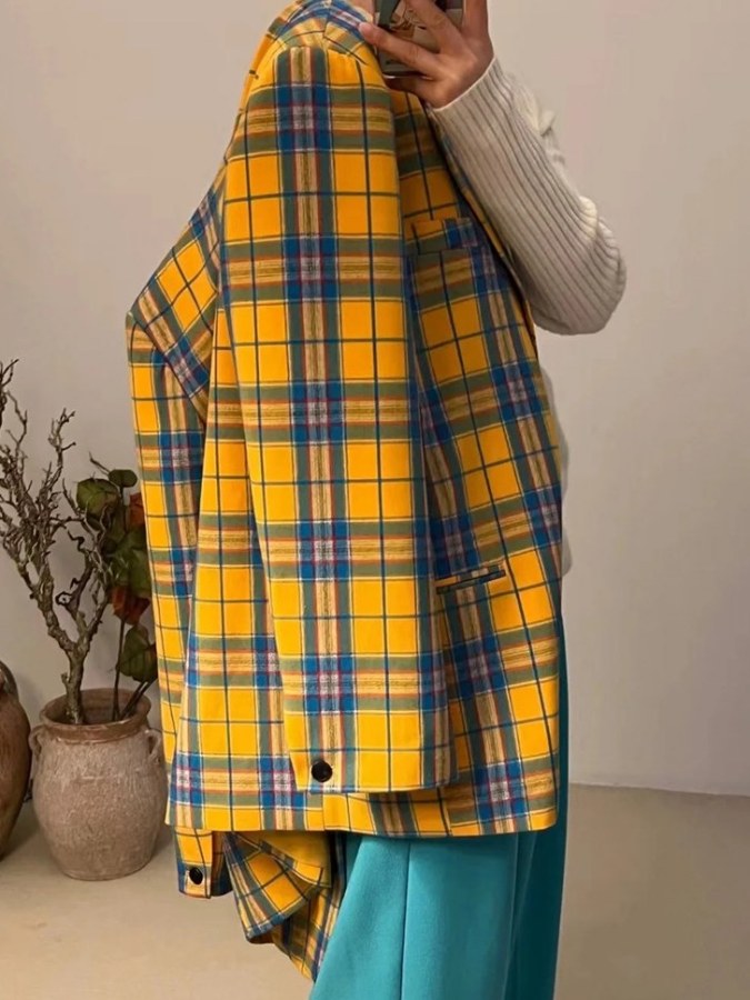 Yellow Plaid Blazer Womens