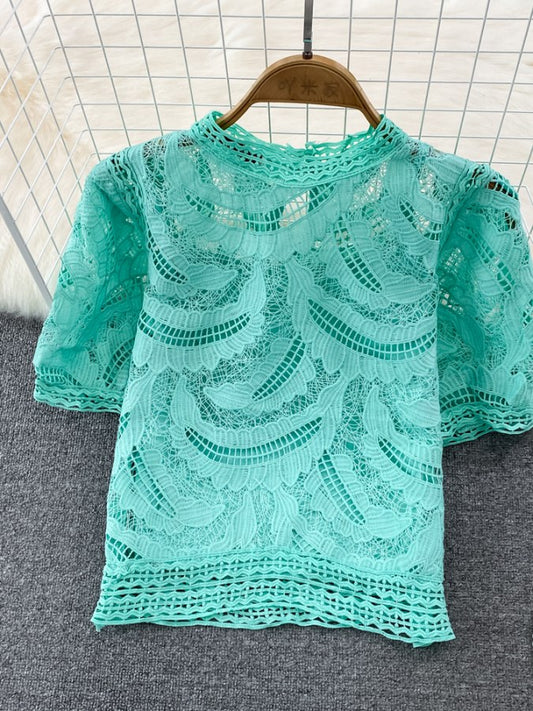 Colored puff sleeve blouse X2036