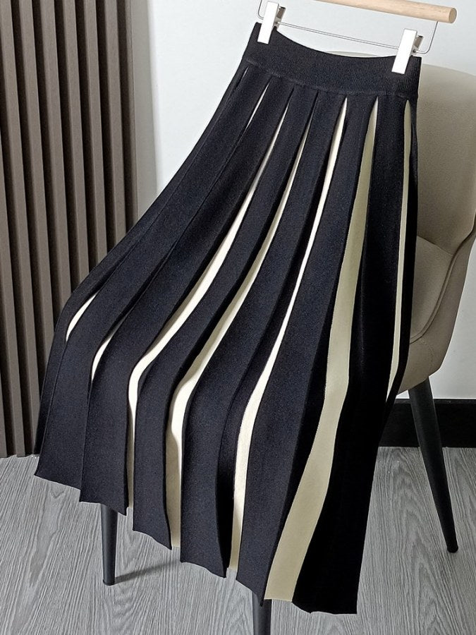 Two tone color pleated A-line skirt X1721