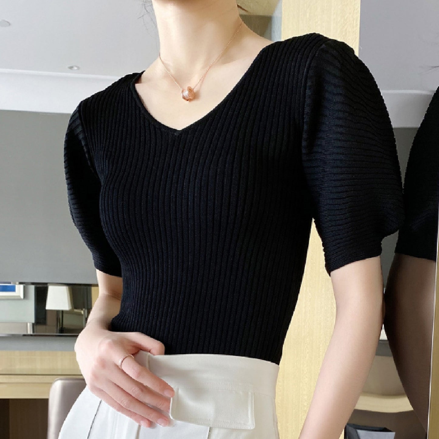 Western Puff Sleeve V Neck Knit X269