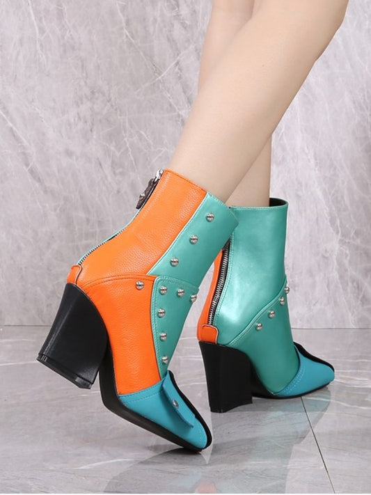 Square Toe Color Blocking Studded Booties X1758