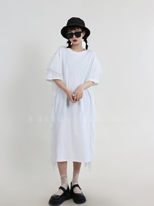 Frill Short Sleeve Round Neck Long Dress X1191