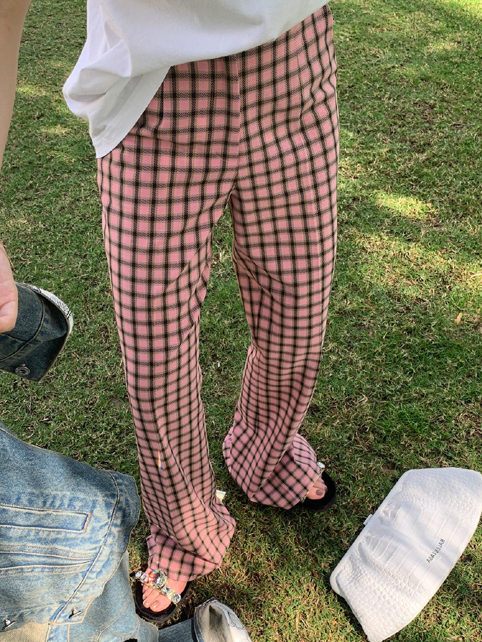 ピンクチェックワイドレッグパンツ X361