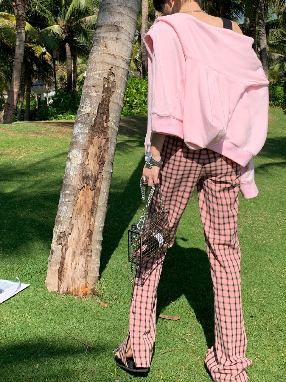 ピンクチェックワイドレッグパンツ X361