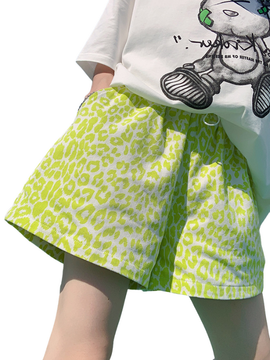 Neon color leopard denim wide leg shorts X1027