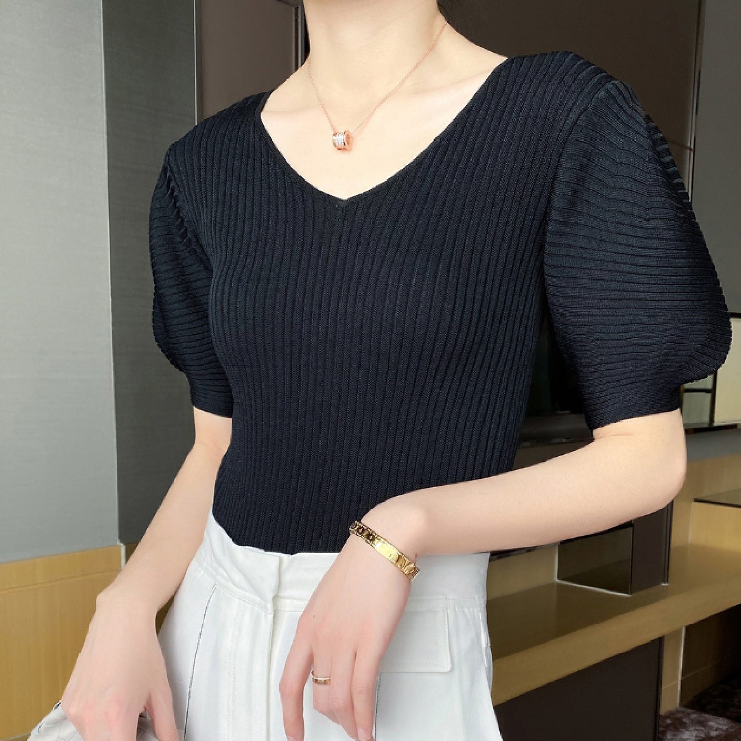 Western Puff Sleeve V Neck Knit X269