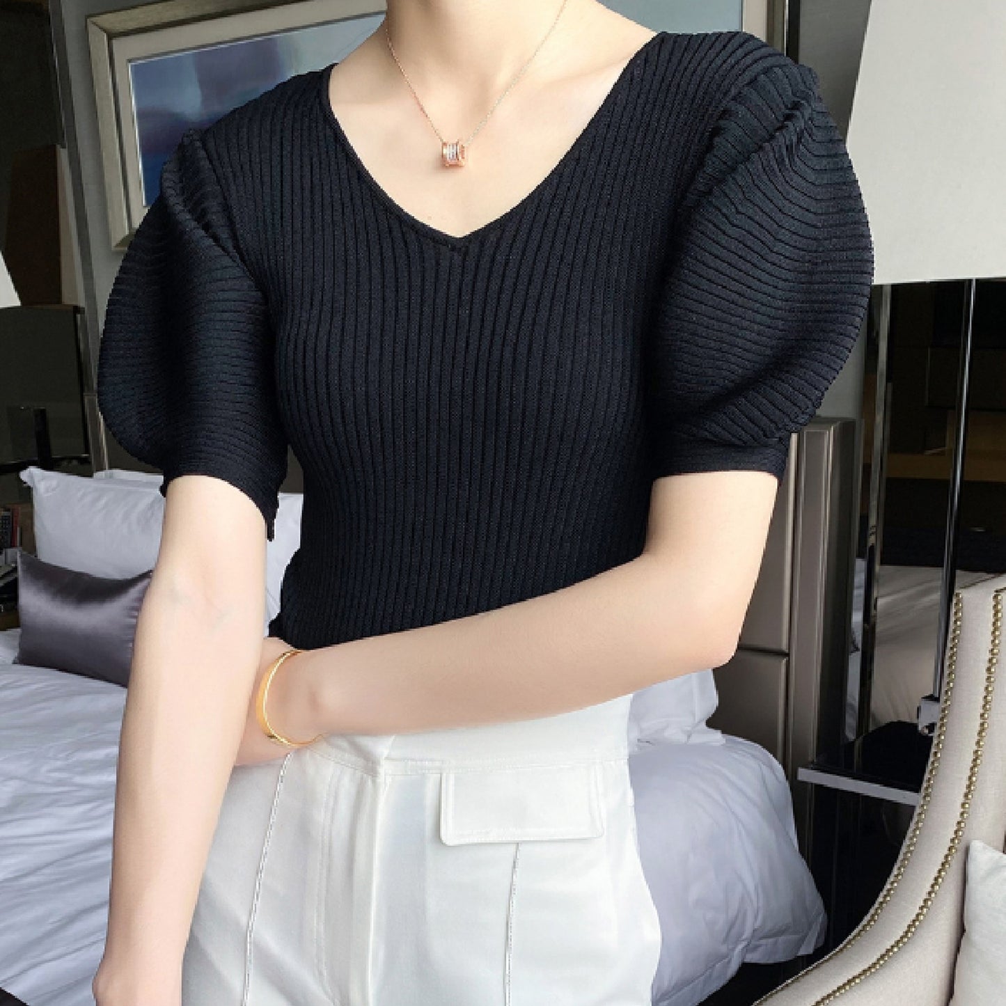 Western Puff Sleeve V Neck Knit X269
